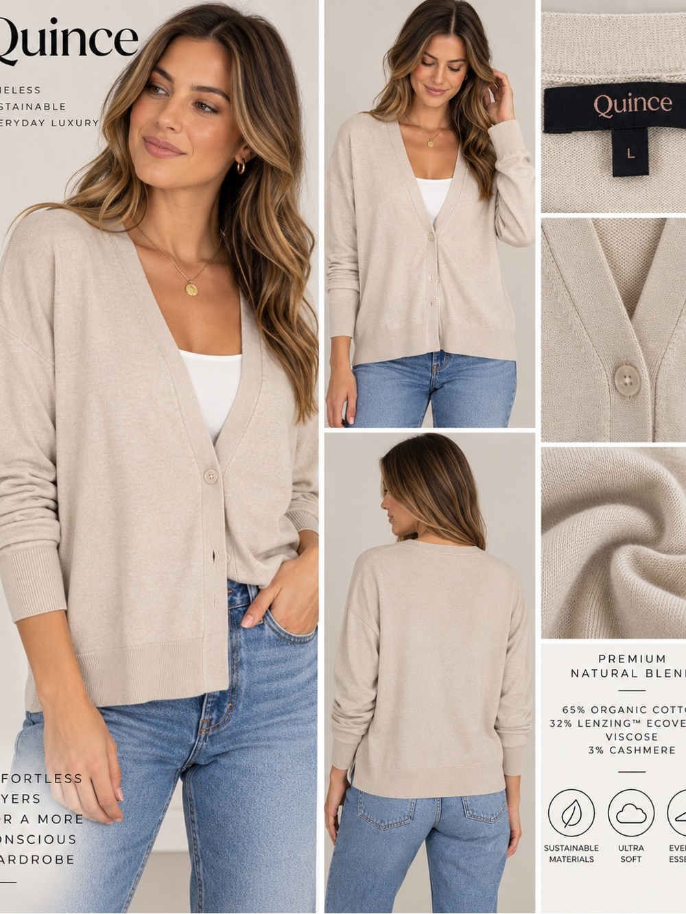 Quince Organic Cotton Cashmere Blend V-Neck Cardigan Beige Oatmeal L